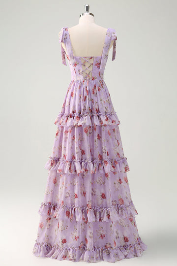 Grå Lilla A Line Tiered Ruffled Print Floral Brudepike Kjole
